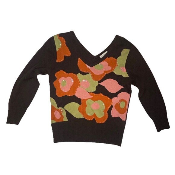 By Artisan 100% Silk Pullover Flower Sweater Boho 70’s Brown Women’s Medium - Picture 1 of 6
